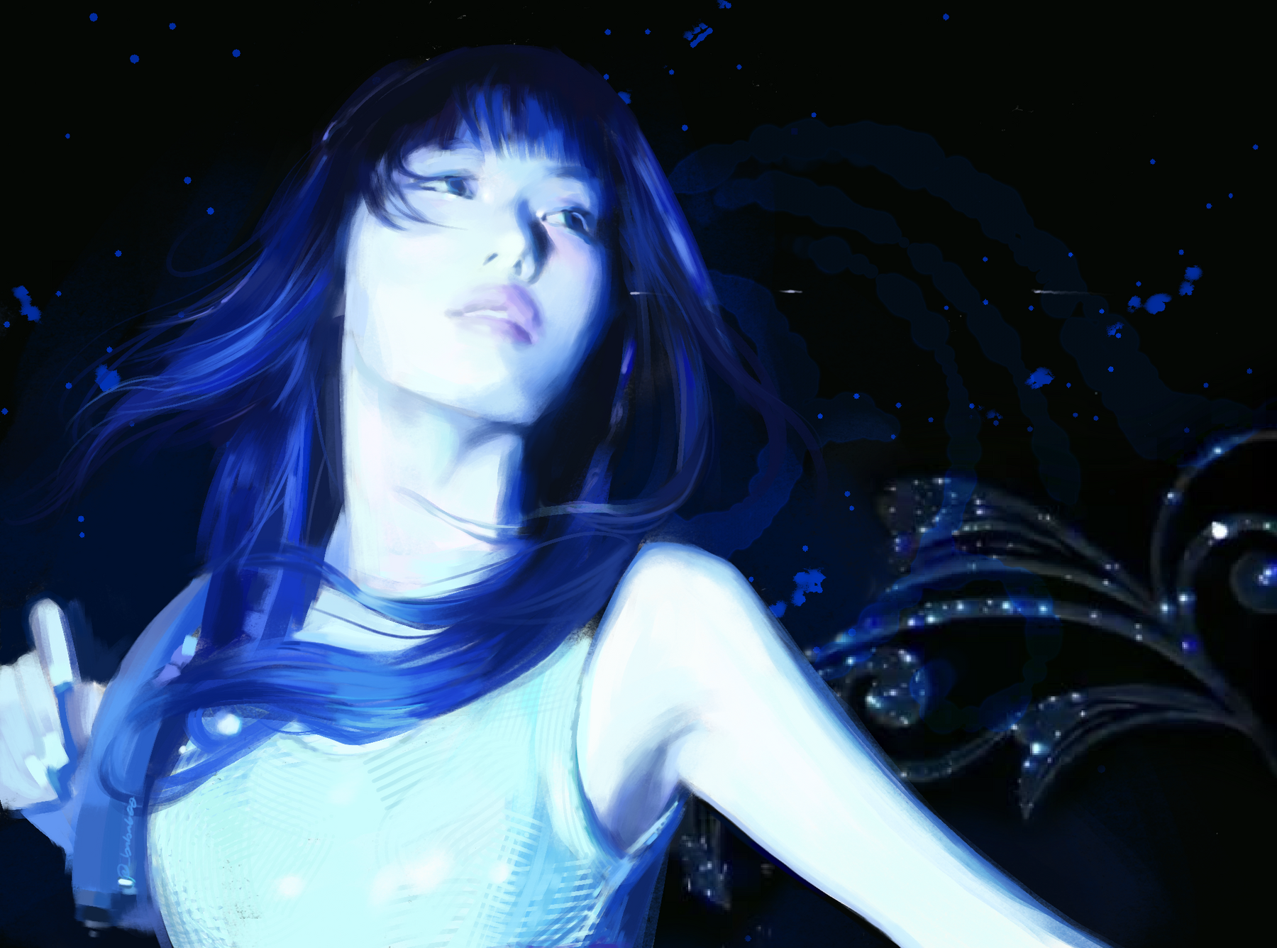 A blue toned portrait of Sui from KiiiKiii